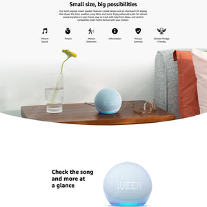 Echo Dot 5th Gen speaker with improved sound quality on desk