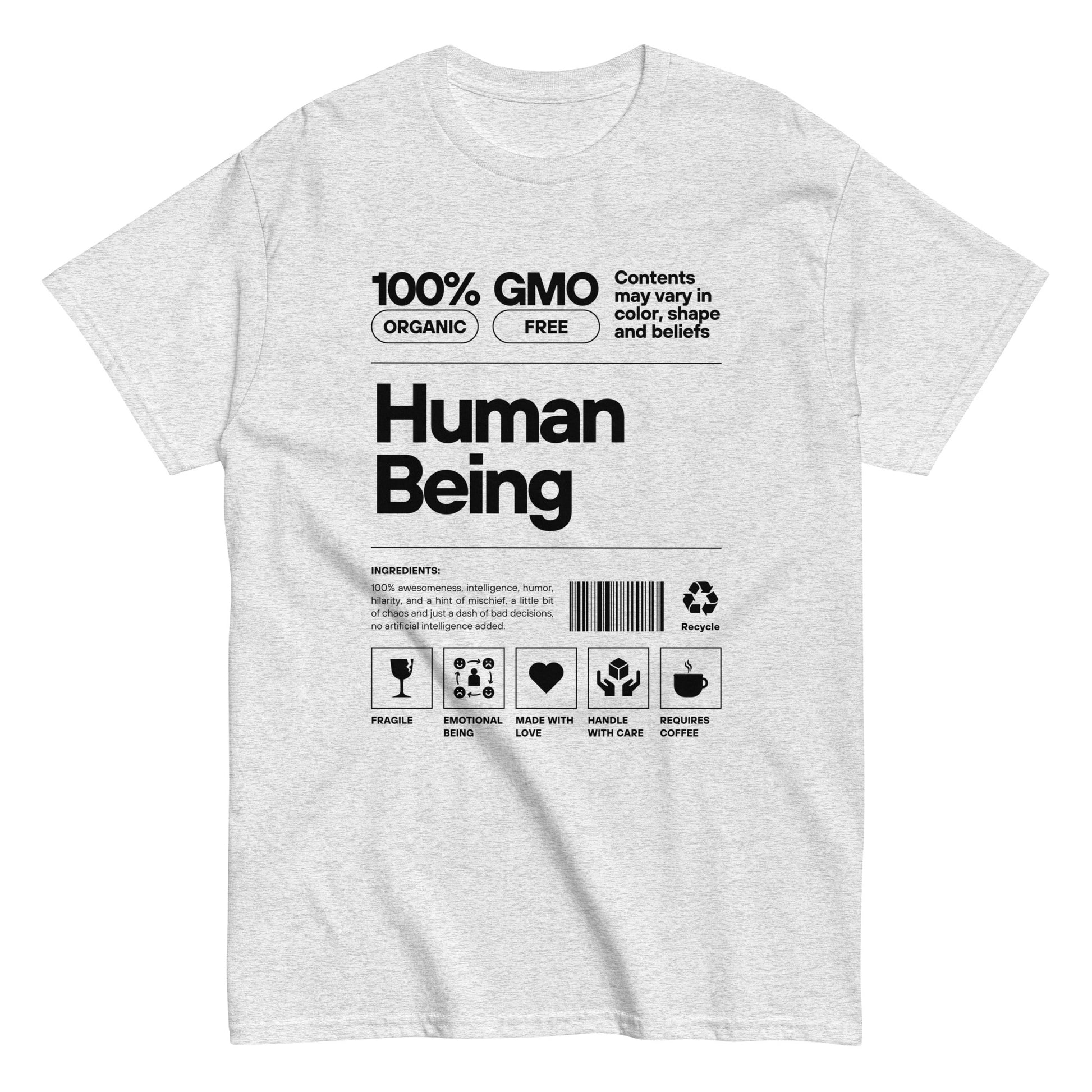 Human Being Label Tee- Funny Organic "Handle With Care" Graphic Shirt
