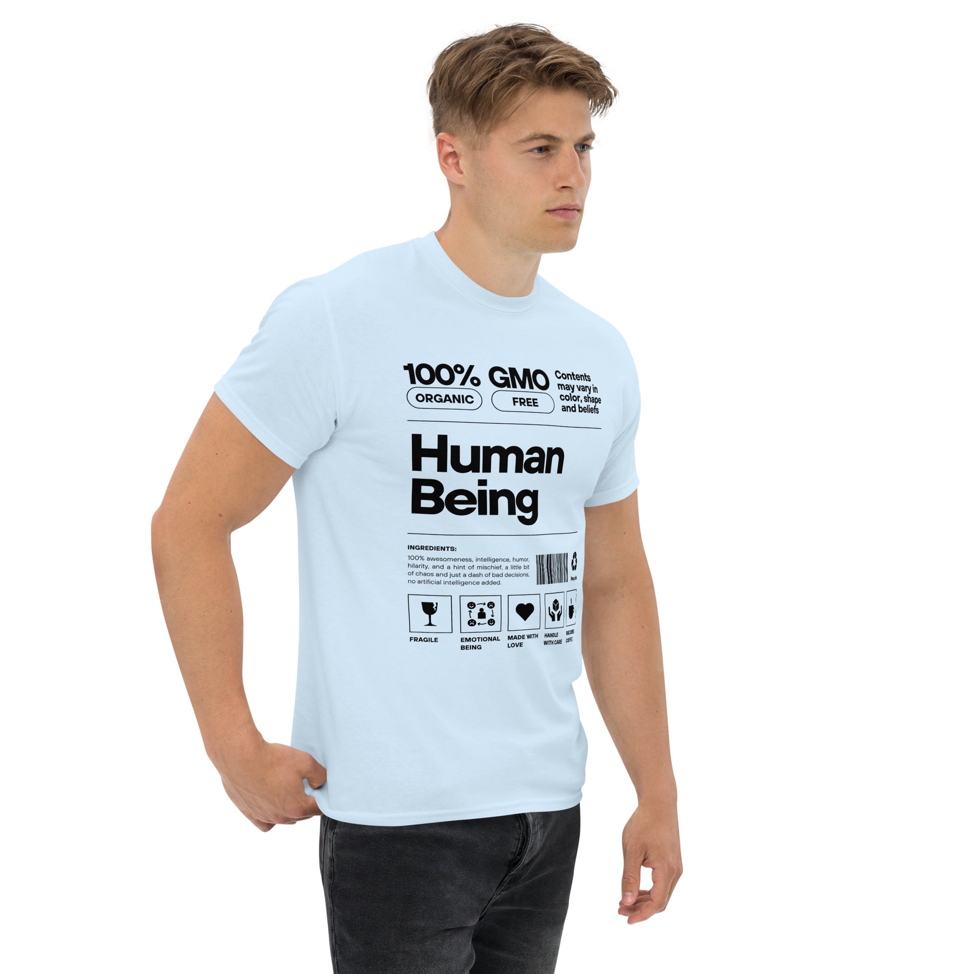 Human Being Label Tee- Funny Organic "Handle With Care" Graphic Shirt