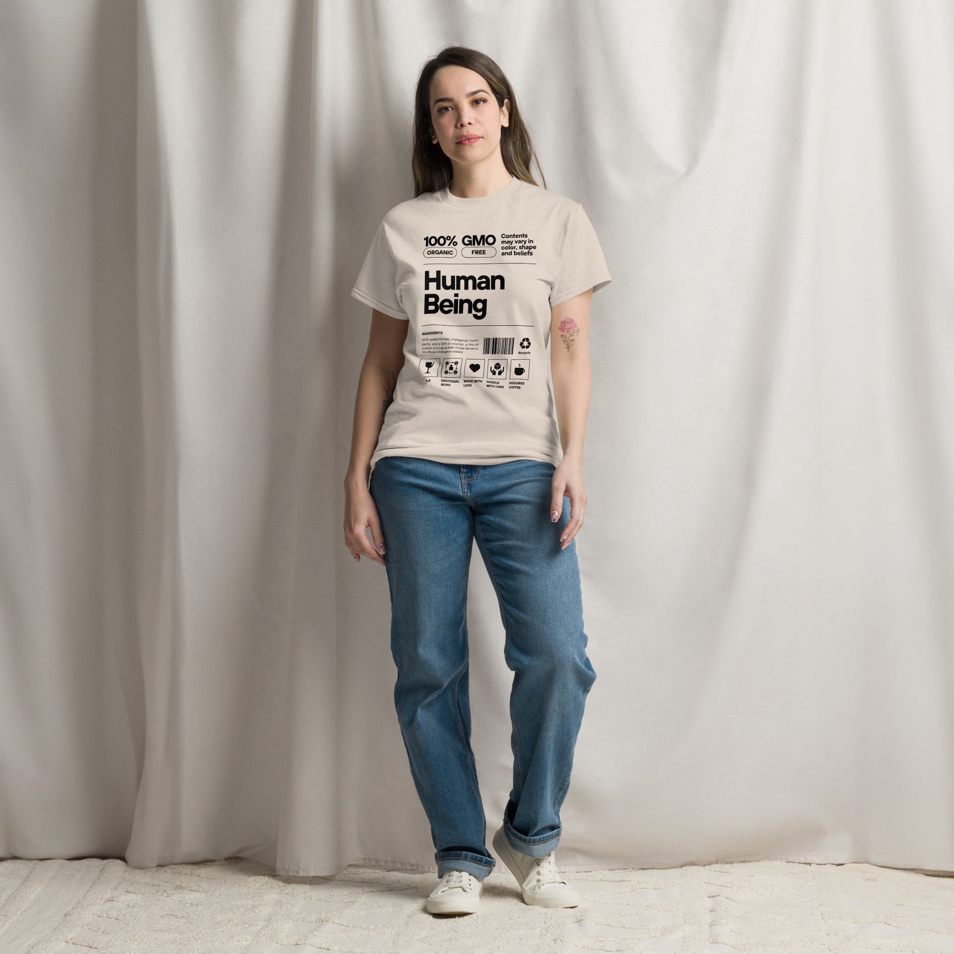 Human Being Label Tee- Funny Organic "Handle With Care" Graphic Shirt