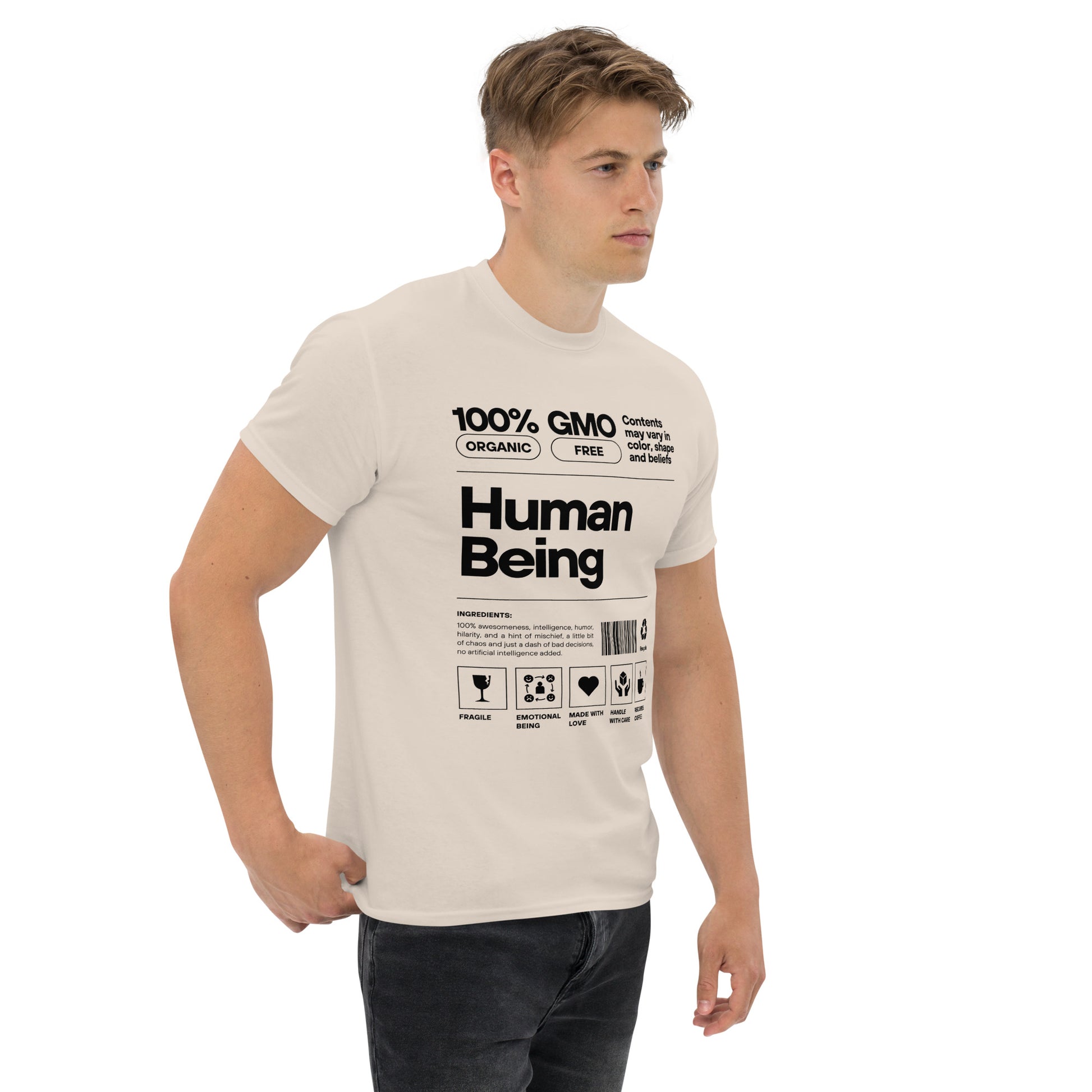 Human Being Label Tee- Funny Organic "Handle With Care" Graphic Shirt