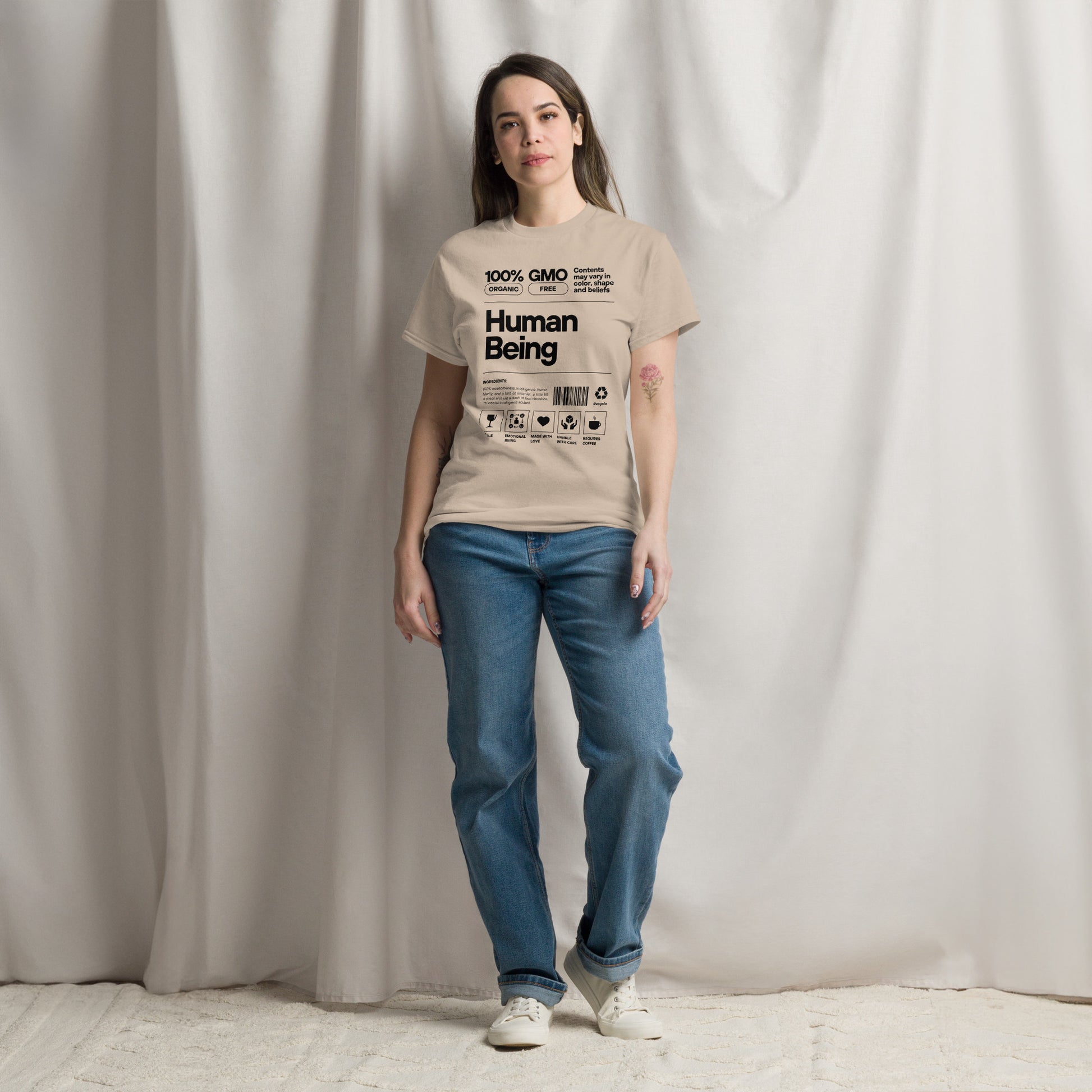 Human Being Label Tee- Funny Organic "Handle With Care" Graphic Shirt