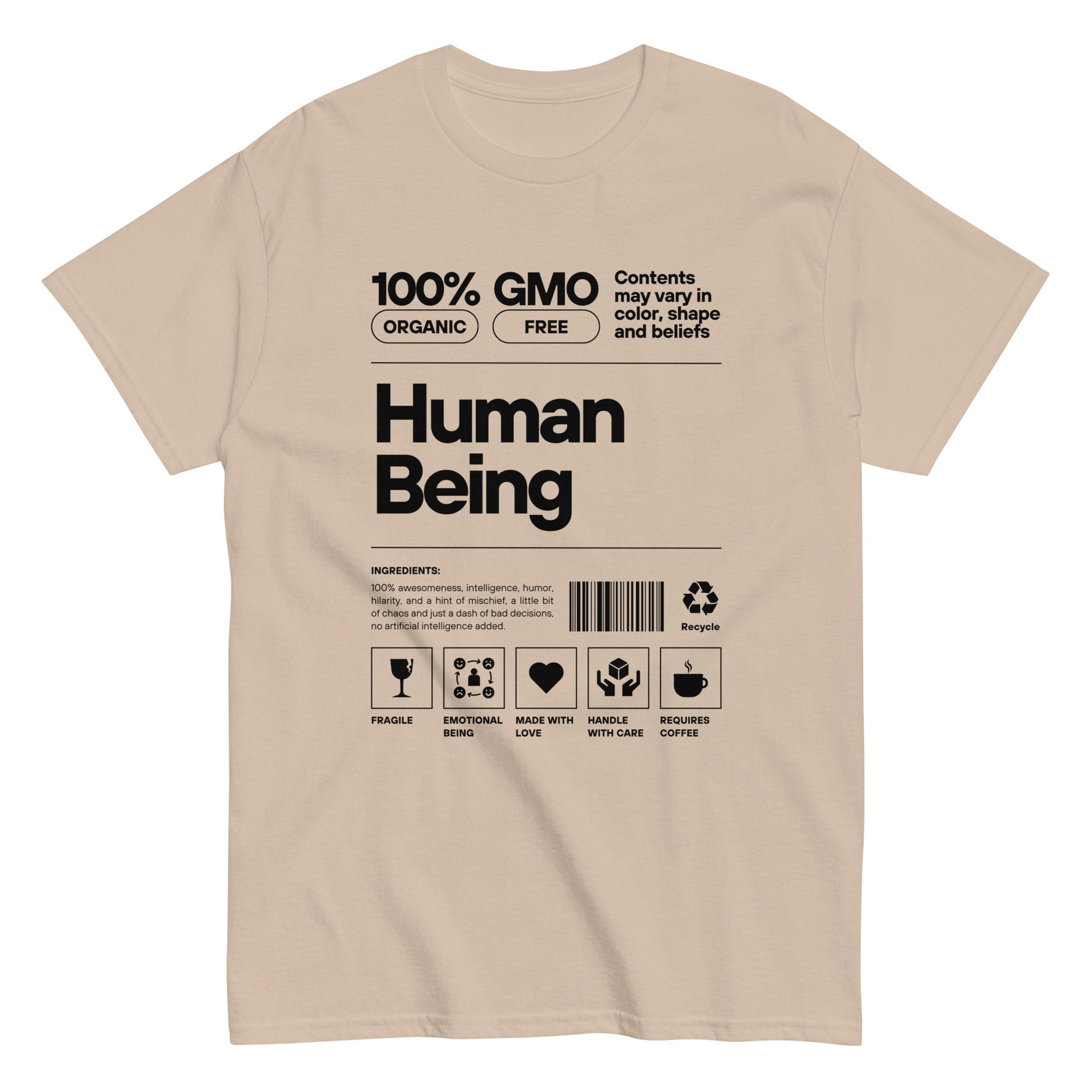 Human Being Label Tee- Funny Organic "Handle With Care" Graphic Shirt