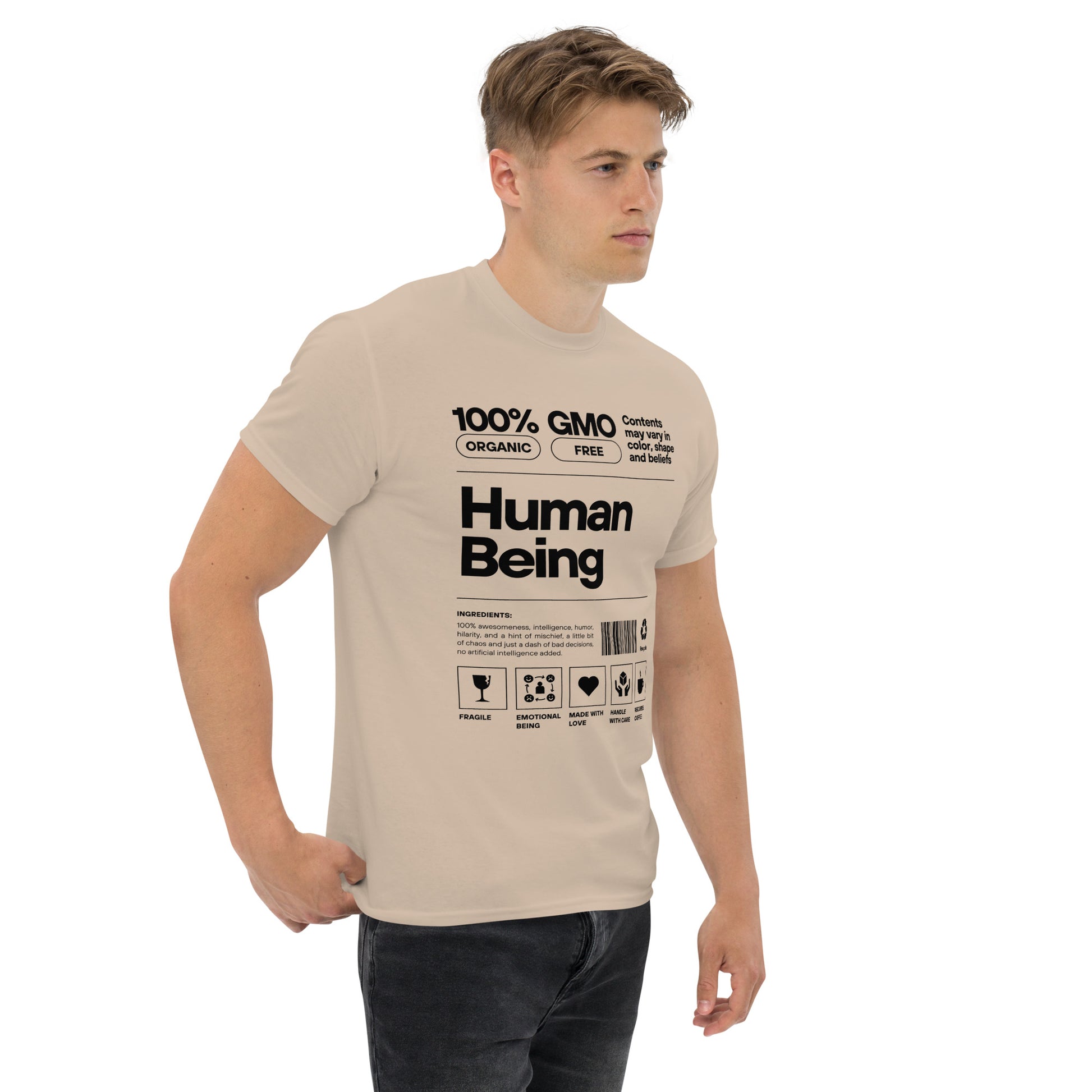 Human Being Label Tee- Funny Organic "Handle With Care" Graphic Shirt