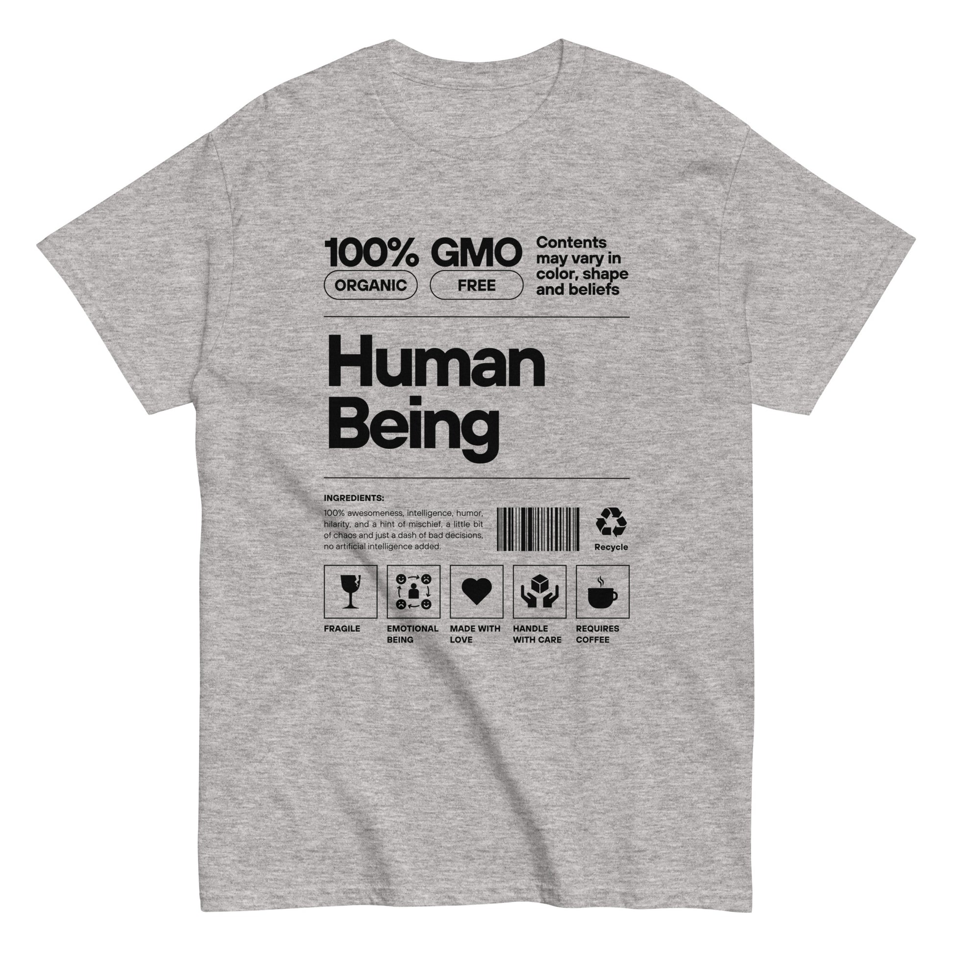 Human Being Label Tee- Funny Organic "Handle With Care" Graphic Shirt