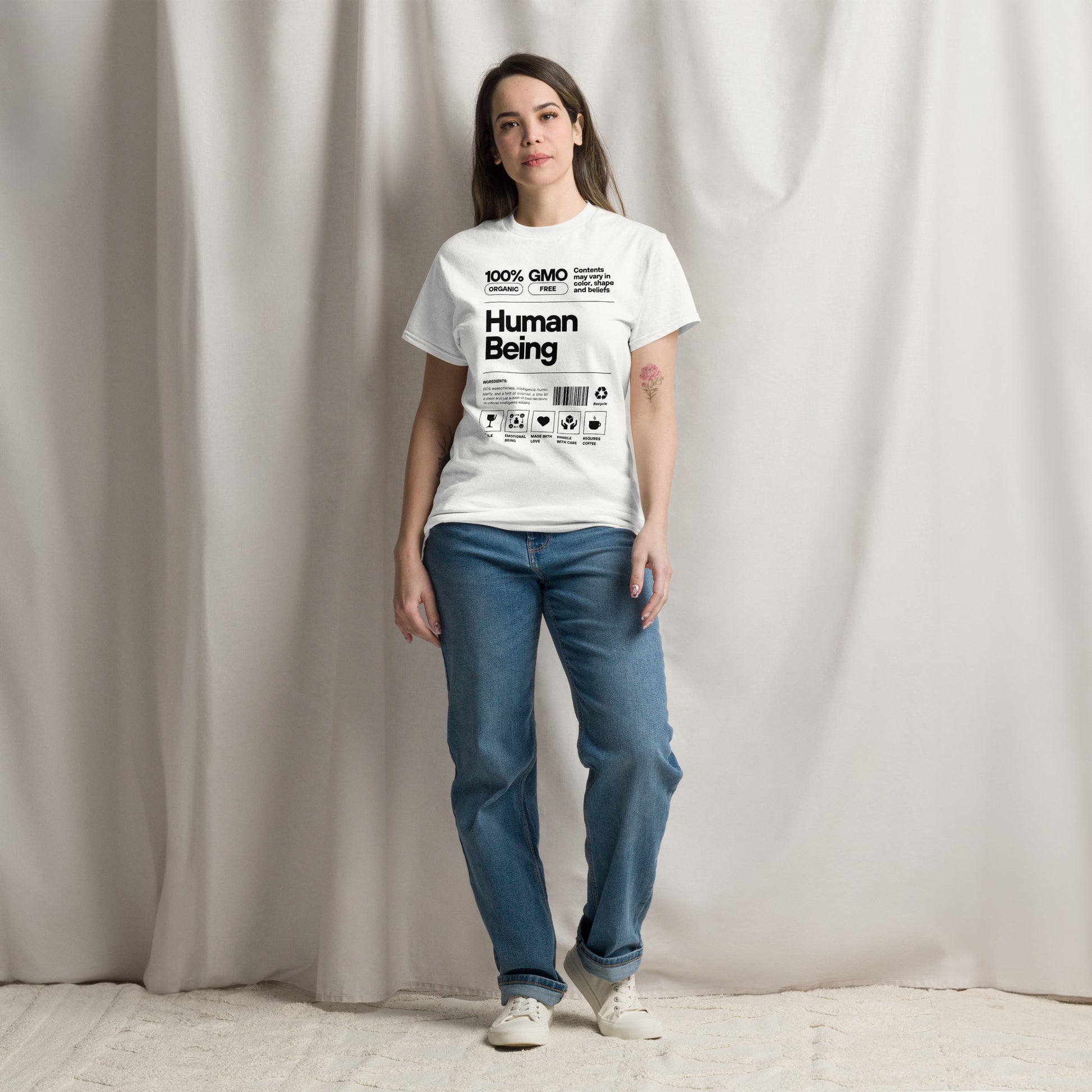 Human Being Label Tee- Funny Organic "Handle With Care" Graphic Shirt