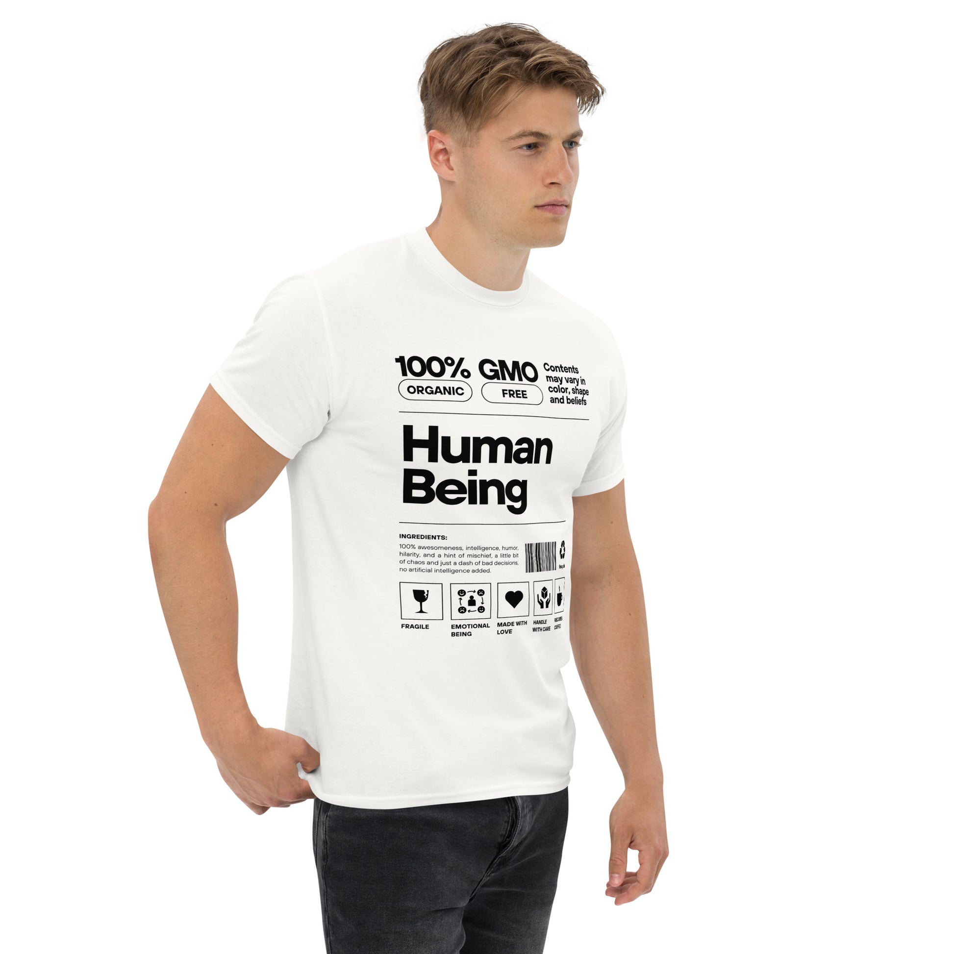 Human Being Label Tee- Funny Organic "Handle With Care" Graphic Shirt